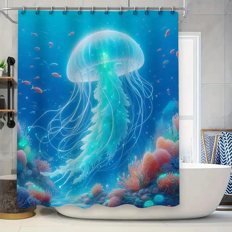 Oceanic Jellyfish Shower Curtain Blue Marine Life Print for Bathroom Decorations W90xH180cm
