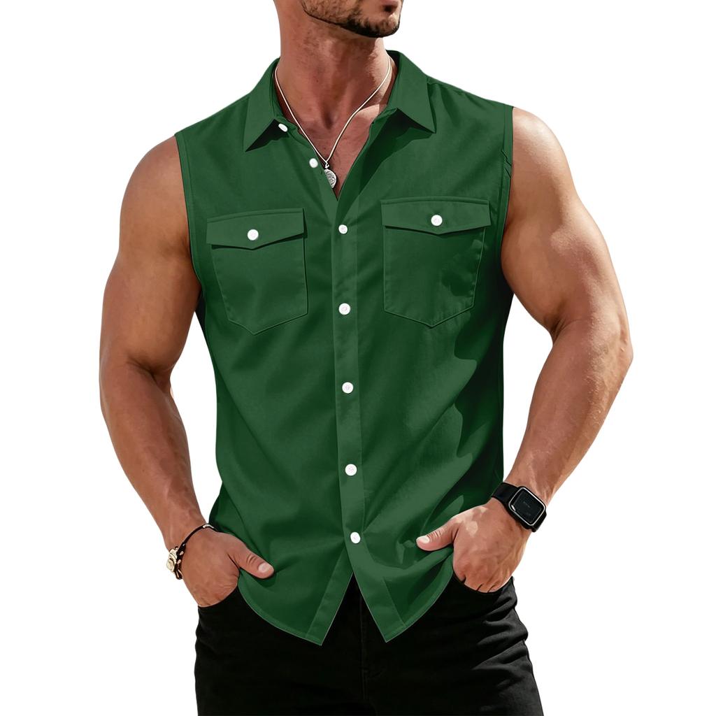 Men's Workwear Lapel Button-Down Vest Shirt - Lightweight Sleeveless Top