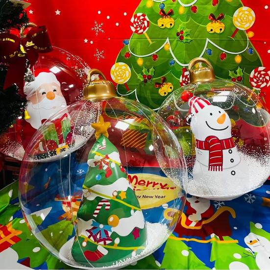 24 Inch Inflatable Christmas Ball Ornament Large Clear Blow Up Ball Christmas Decoration with Snowman Santa Tree Inside for Holiday Yard Lawn Decor