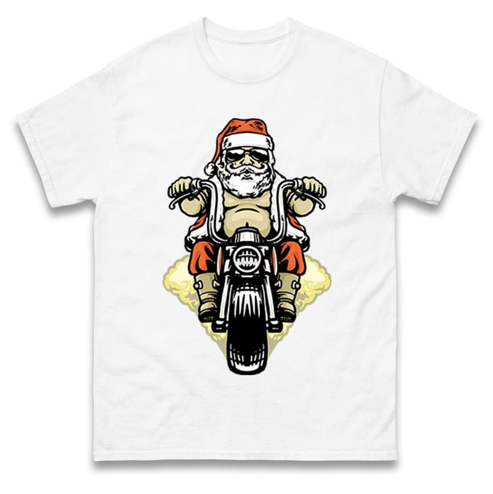 Santa Biker Christmas Tshirt Funny Cool Motorbike Rider Xmas Family Tee Top