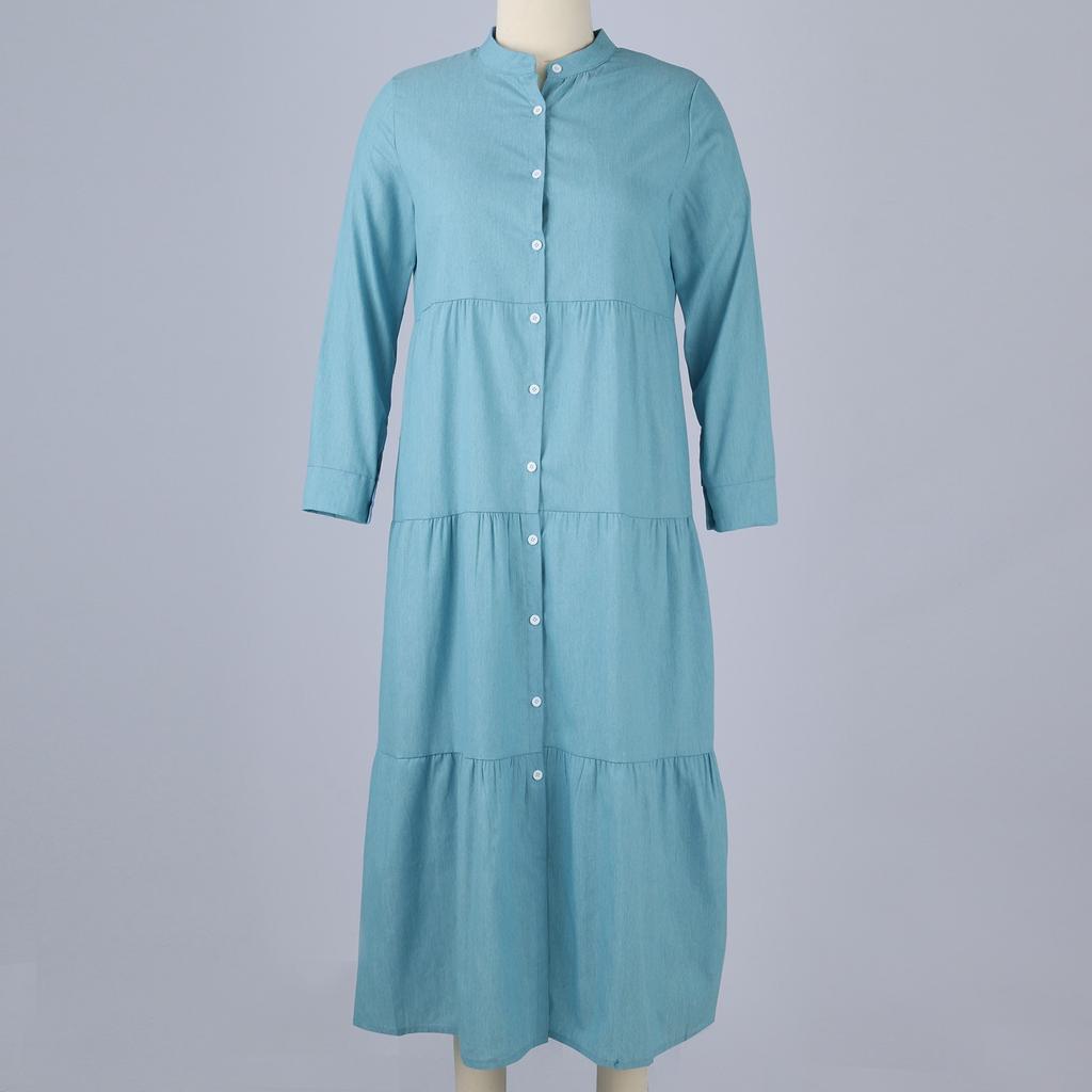 Damen-Denim-Kleid mit Knöpfen, extra lang, einfarbig, Übergröße
