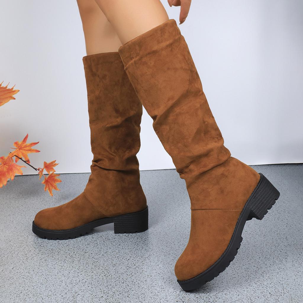 Fashion Boots for Women 2025 Spring Autumn Suede Thick Medium Heel Pleated Mid-calf Boots Casual Platorm Solid Slip on Knight Booties