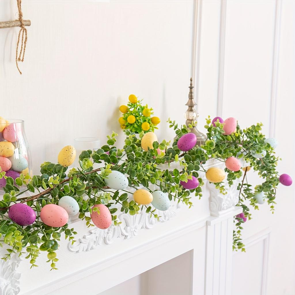 1pc 66.9 Inch Handmade Easter Garland, Indoor/Outdoor Decor with Mini Eggs and Eucalyptus Leaves for Easter Celebration