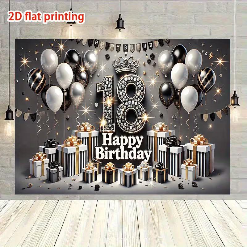 2D Elegant 18th Birthday Backdrop "Happy Birthday" with Diamond Number 18 Party Background