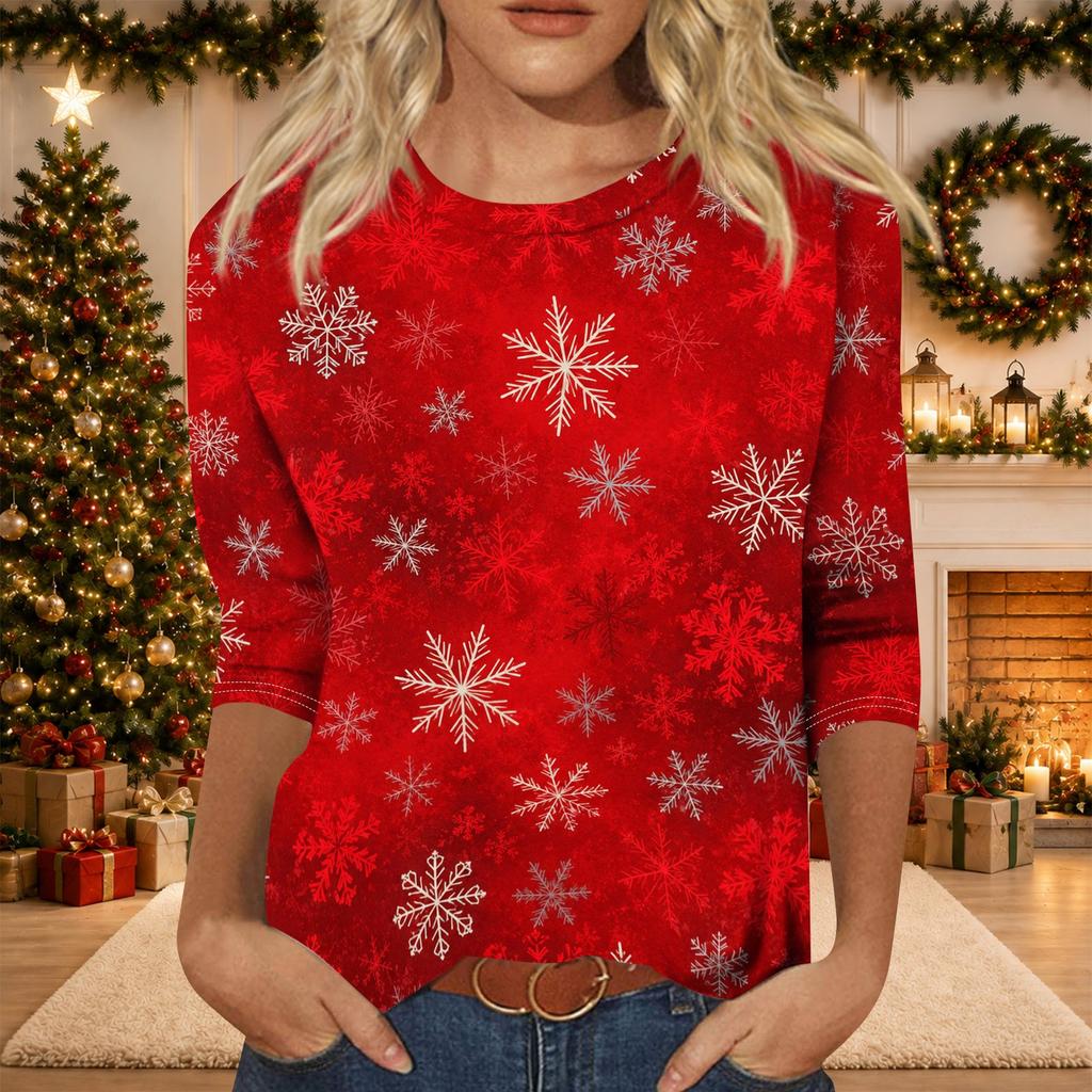 Women's Casual 3/4 Sleeve Neck Christmas Print Top with Festive Holiday Design