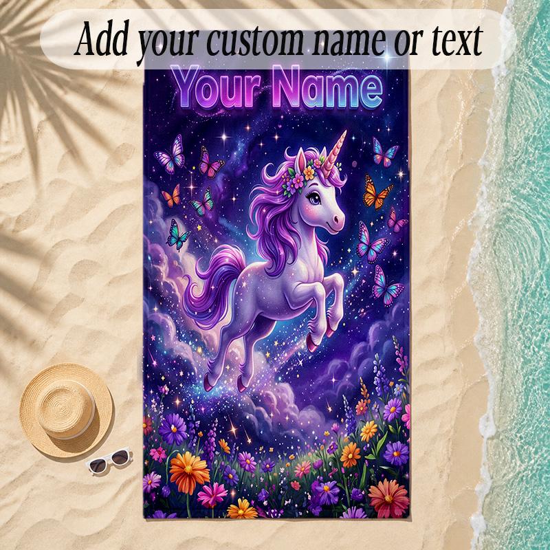 Unicorn Theme Soft Beach Towel Personalized Custom Name Text Towel Portable for Beach Pool Travel
