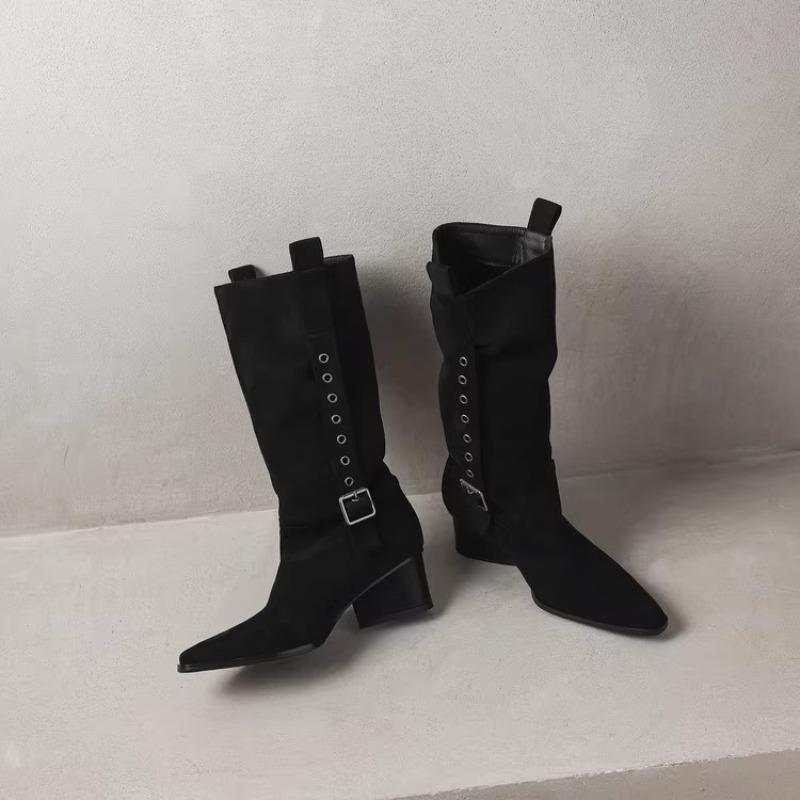 Fashion 2025 Retro Mid-Tube Pile Boots Pointed Toe Block Heel High Heel Booties Women