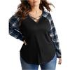 Ladies' Casual And Fashionable Plus Size Checkered Printed Patchwork Long Sleeved V-neck Top