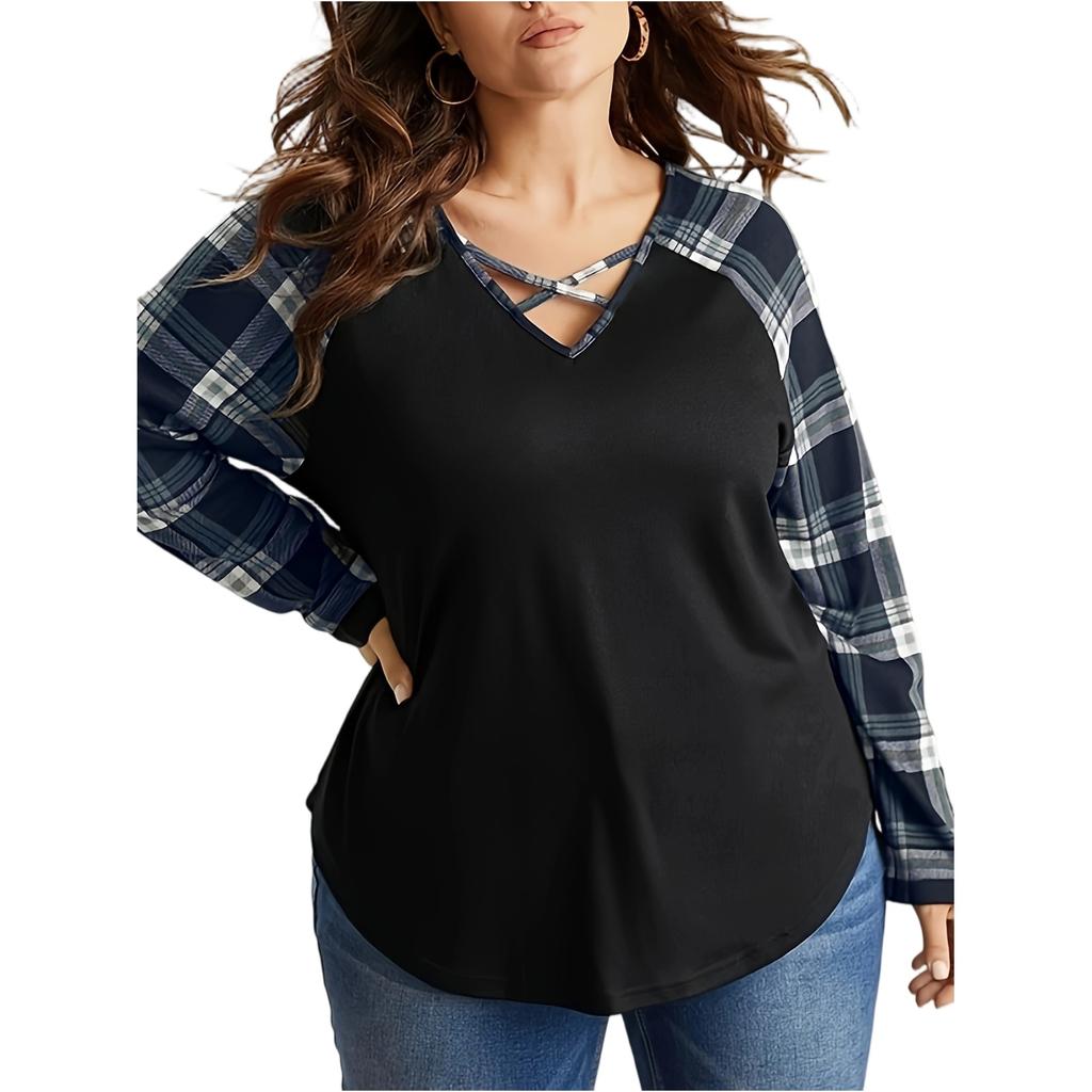 Ladies' Casual And Fashionable Plus Size Checkered Printed Patchwork Long Sleeved V-neck Top