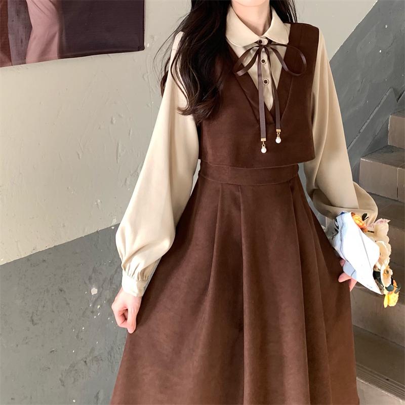 

New Arrival High-End Red Corduroy Dress Set - Long Sleeve Strappy Skirt for Autumn and Winter M