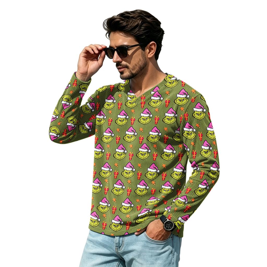 Men's Street Casual Loose Fit V-Neck Tee with Christmas Print