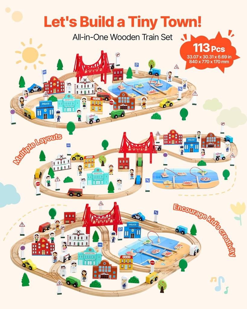 113PCS Wooden Train Set, for Kids Ages 3-8, Wood Train Track Toy with Storage Box, City Scene Railway Playset, Compatible with Major Brands, Christmas