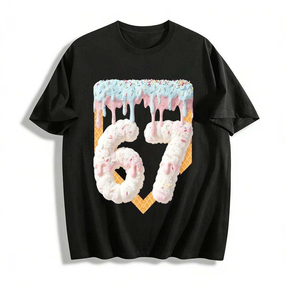 Marshmallow Number 67 Print Tee Cream Drip Waffle Casual Top Pure cotton T-shirt XXS
