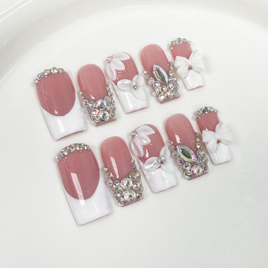 10Pcs Pink Simple Coffin Press On Nails Handmade French Ballet Mid Length Fake Nail Artificial Acrylic Fashion Wearable Nail Art