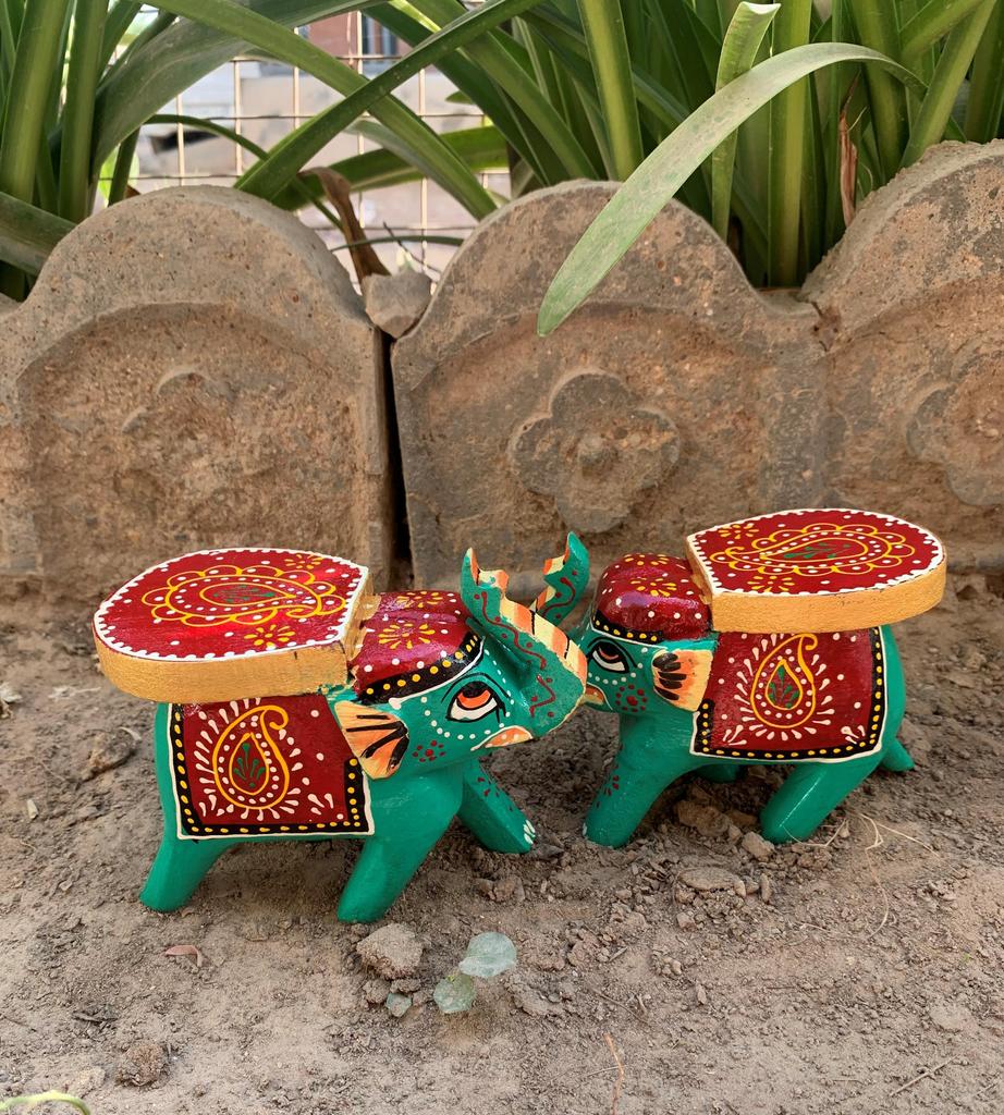 Hand Painted Wooden Elephant Stool Pair, Indian Folk Art Decorative Table