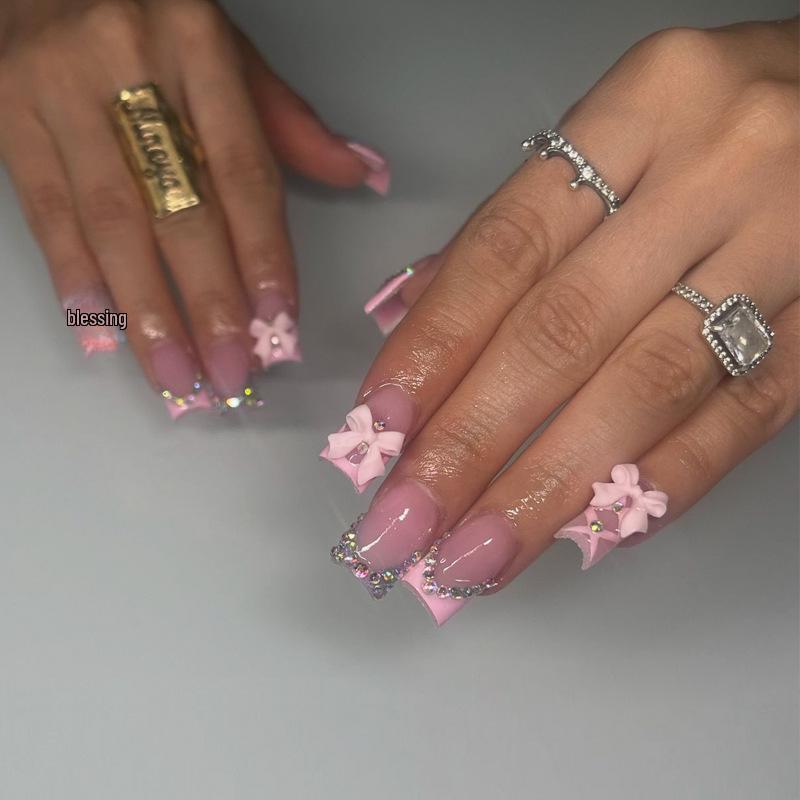 Long Wear Flash Color Diamond Bow False Nails - European & American Style