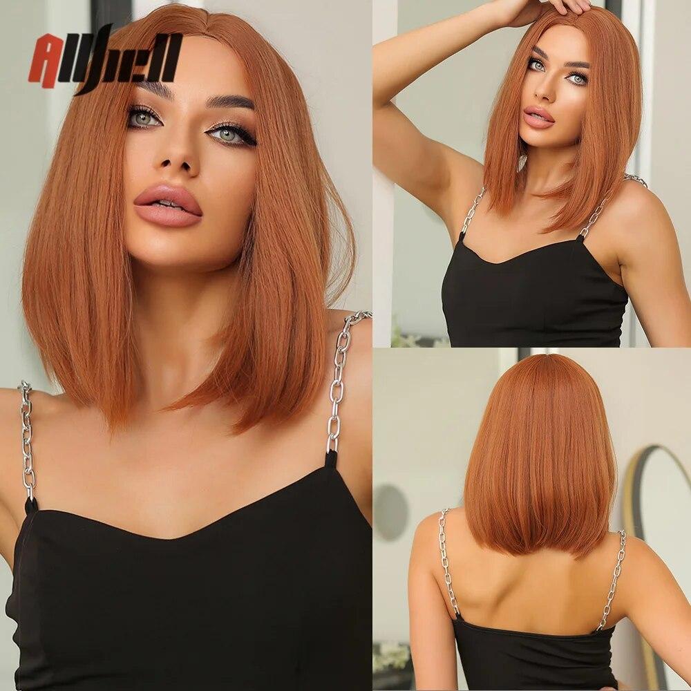 Shoulder Long Copper Ginger Wig Orange Synthetic Water Wave Wigs for Women Heat Resistant Daily Halloween Cosplay Wig with Bangs