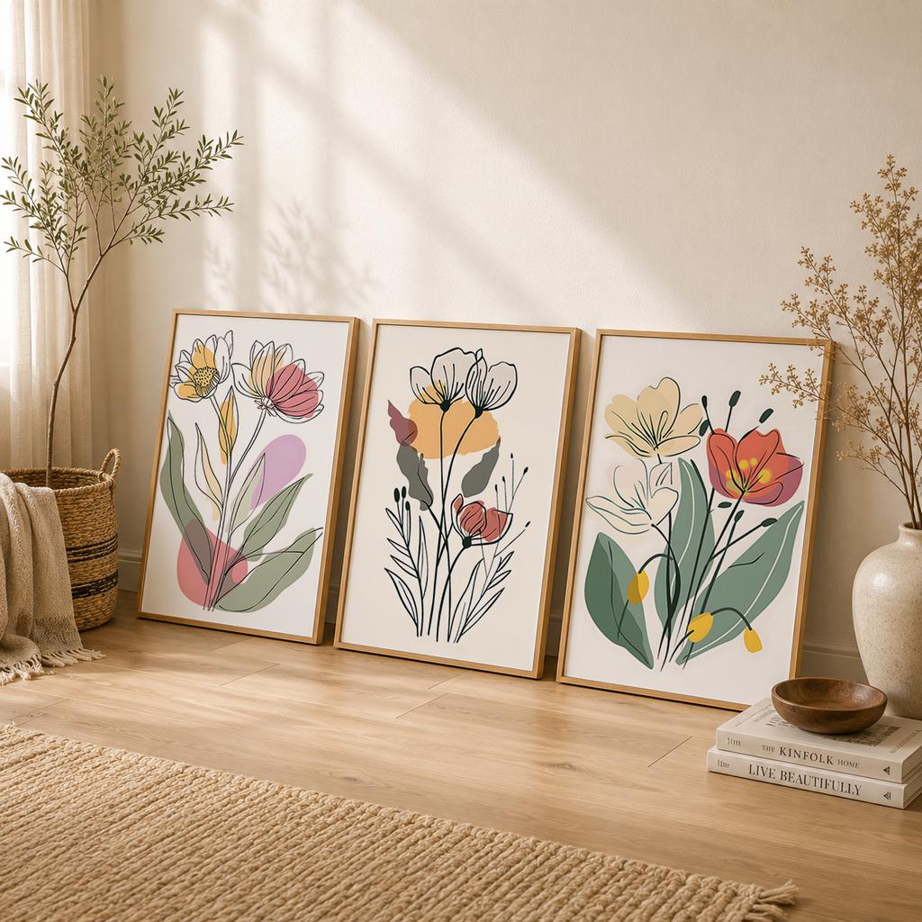 Boho Floral Wall Art, Abstract Line Art Canvas Painting, Minimalist Botanical Poster Print for Bedroom Living Room Wall Decor