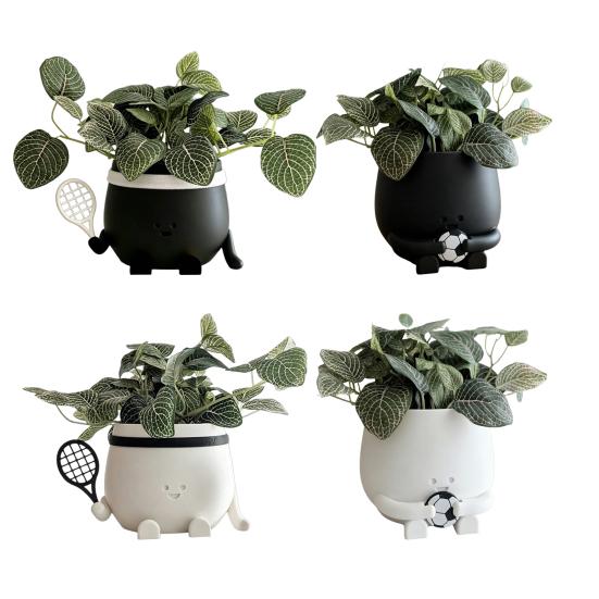 Smile Face Planter Pot 3D Printed Cute Holding Tennis/Soccer Head Flower Pot with Drainage Hole for Indoor Outdoor Home Garden Decor