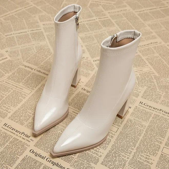 Fashion Autumn Womnen's High Heel Ankle Boots New Winter Plus Velvet Pointed Toe Chunky Heel Chelsea Boots for Women Heeled Sheos Dress