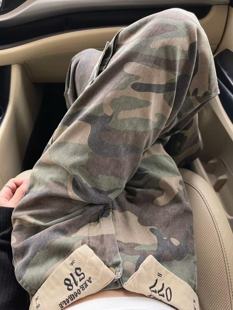 

Весна 2024 Женские джинсы-комбинезоны со средней посадкой, свободные, драпированные, с широкими штанинами и камуфляжным принтом Large камуфляжный