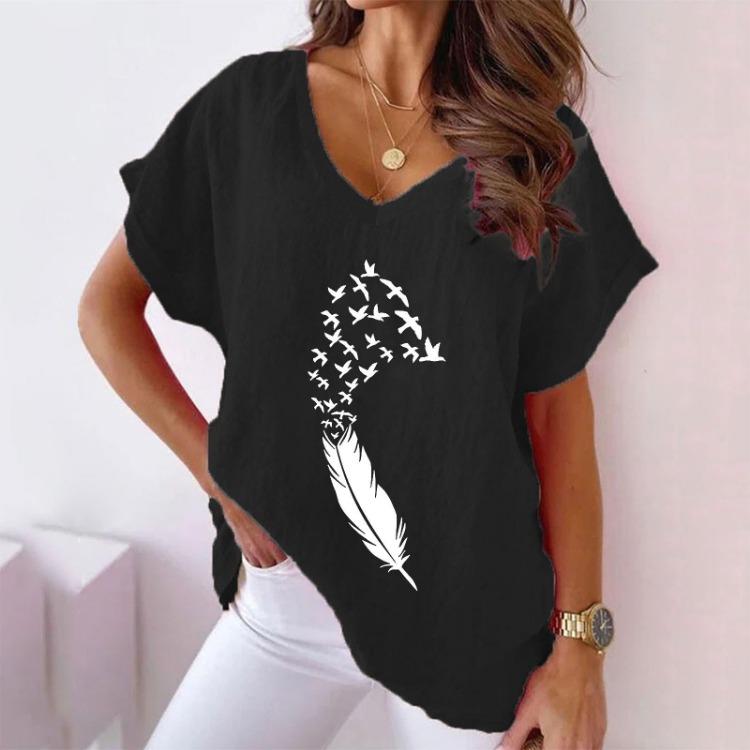 Women's Large Size Summer Casual V-neck Bat Short-sleeved Cotton Hemp Swallow Print T-shirt