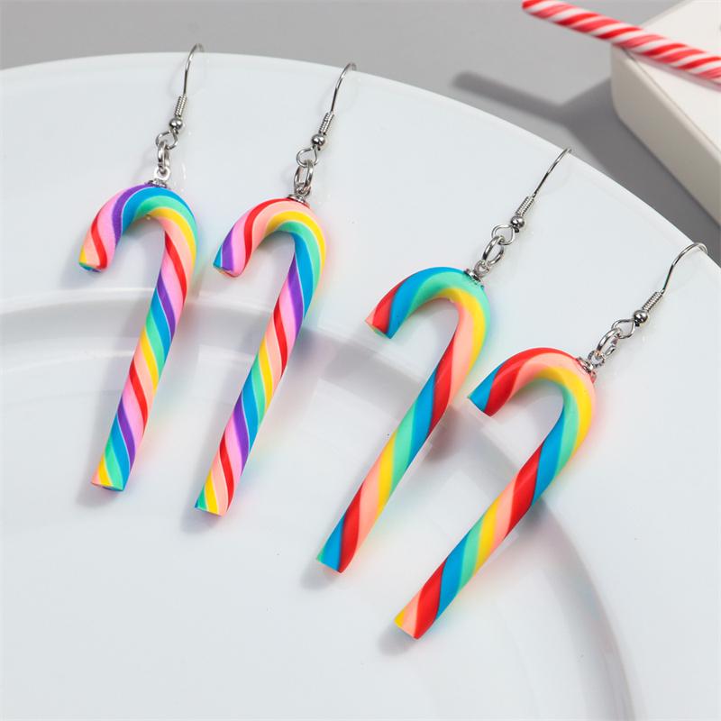 Sweet Colorful Stripes Candy Cane Earrings for Women Simple Christmas Candy Hook Earrings New Year Festive Party Jewelry Gifts