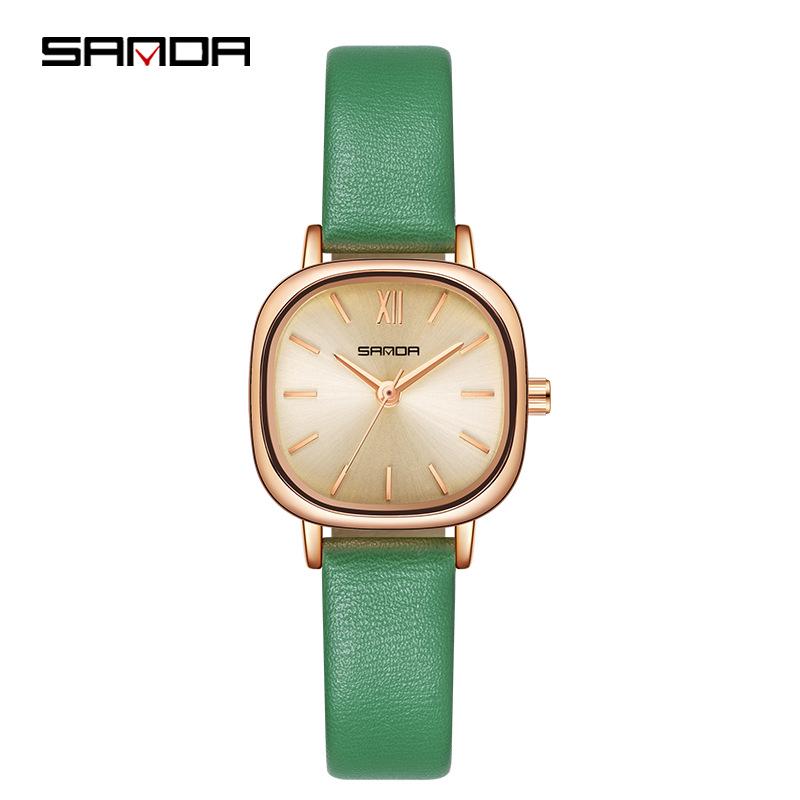 Sanda Ladies' Small Square Steel & Leather Quartz Watch