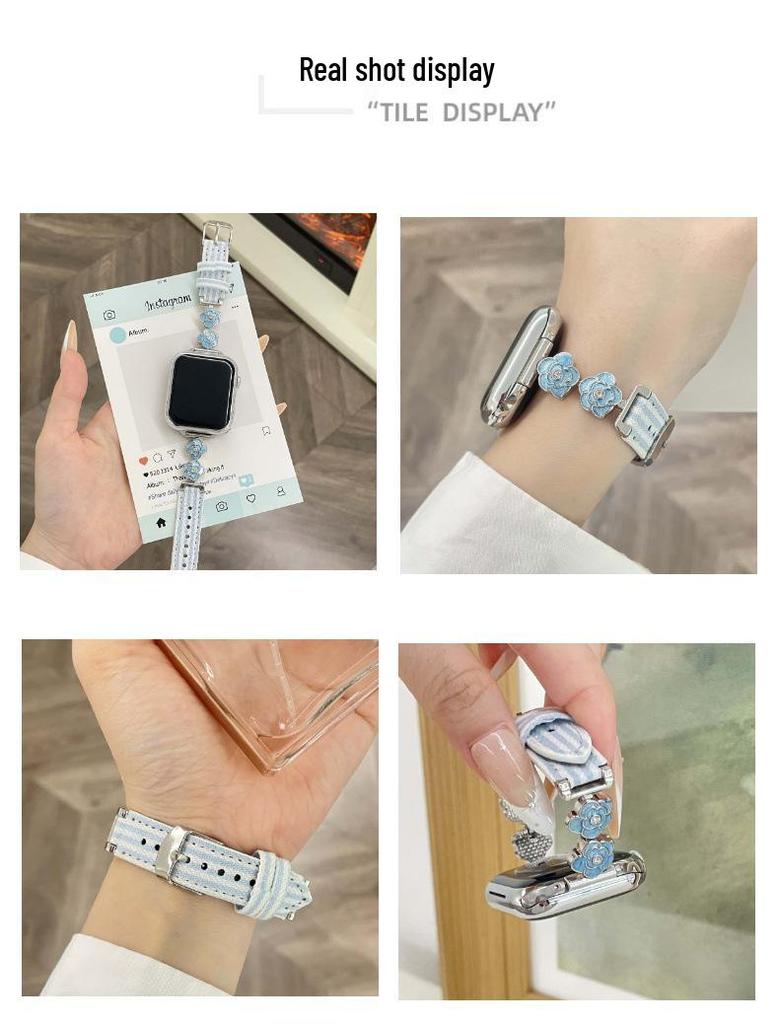 Striped Camellia Apple iWatch 11 & Xiaomi Band 10 Straps with Huawei GT Leather Stitching Wristband