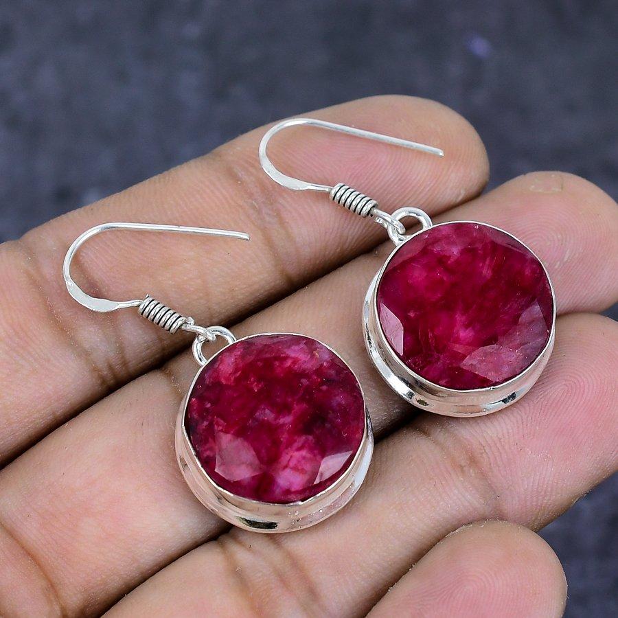 Kashmir Red Ruby(Simulated) Gemstone 925 Sterling Silver Jewelry Earring 1.50" ETC-13823