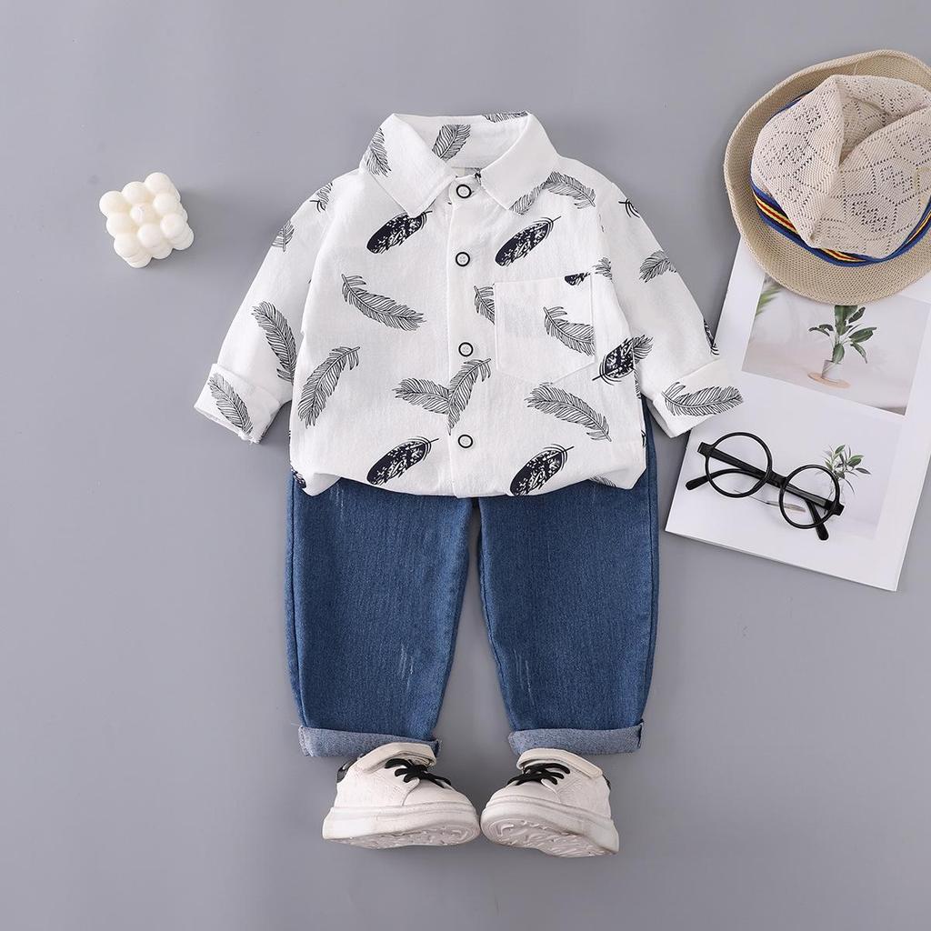 Boys' Cartoon Print Long Sleeve Top & Elastic Jeans Two-Piece Set