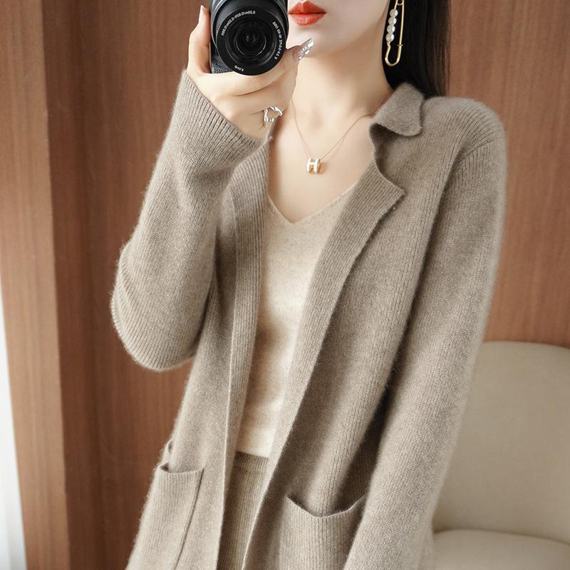 

Mid-length Knitted Cardigan for Women In Autumn and Winter Trendy Solid-color Casual Sweater Cardigan S хакі