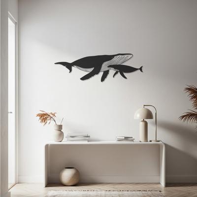 Whale Family Metal Wall Art Ocean Inspired Whale Calf Silhouette Minimalist Sea Life Decor for Living Room Office