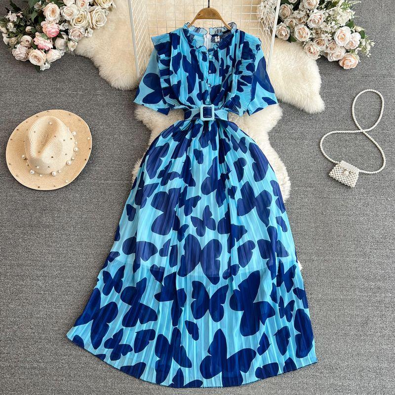 

Accessible Luxury Stand Collar A- line Printed Dress Elegant Short Sleeve Blue All yards