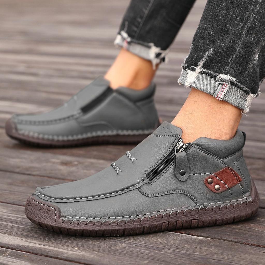 Men's High-top Casual Leather Shoes Hand-stitched Plus Size 38-50 Non-slip Soft Sole Flats with Zipper for Walking Working
