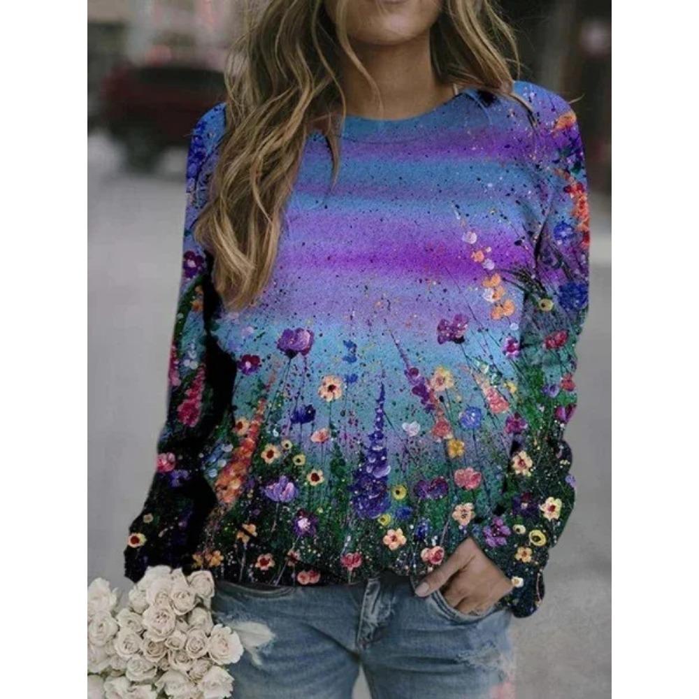 Casual Retro Long Sleeve Sweatshirt 3D Digital Print Round Neck Women's Fashion Polyester Fiber Full Length Cotton Blend