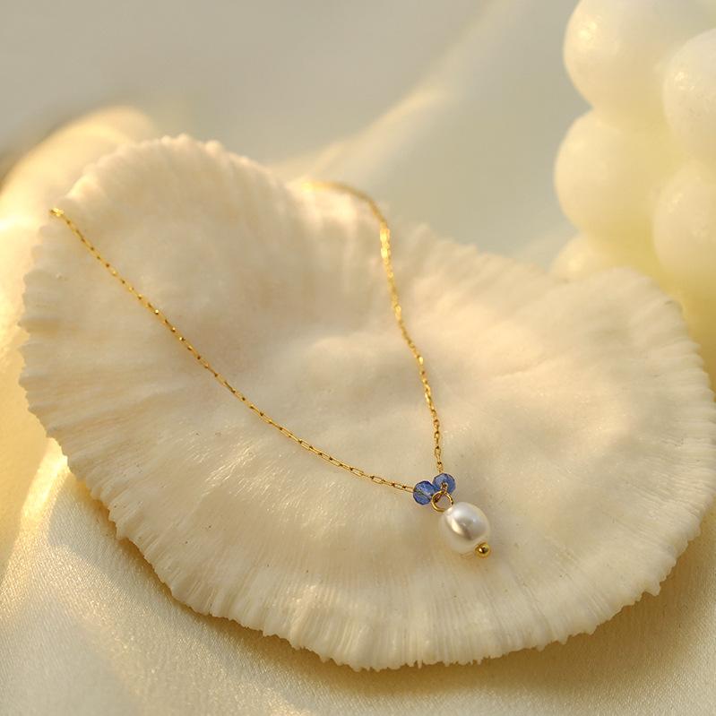 French Baroque Non-Fading Blue Stone Pearl Necklace Autumn And Winter 316 Material Necklace Water Drop Female Collarbone Chain