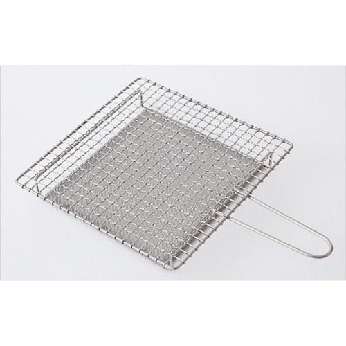 Tsujiwa Wire Mesh Stainless Steel Grilling Net with Handles, Large, Square Handles, for BBQs and Camping, with Guard Net