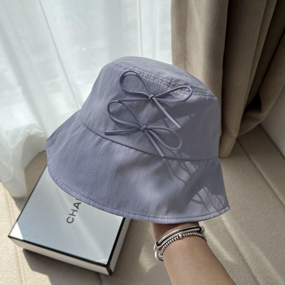 Solid Color Bow Bucket Hat Sunscreen Canvas Basin Hat Travel Bowknot Fisherman Hat  Famale