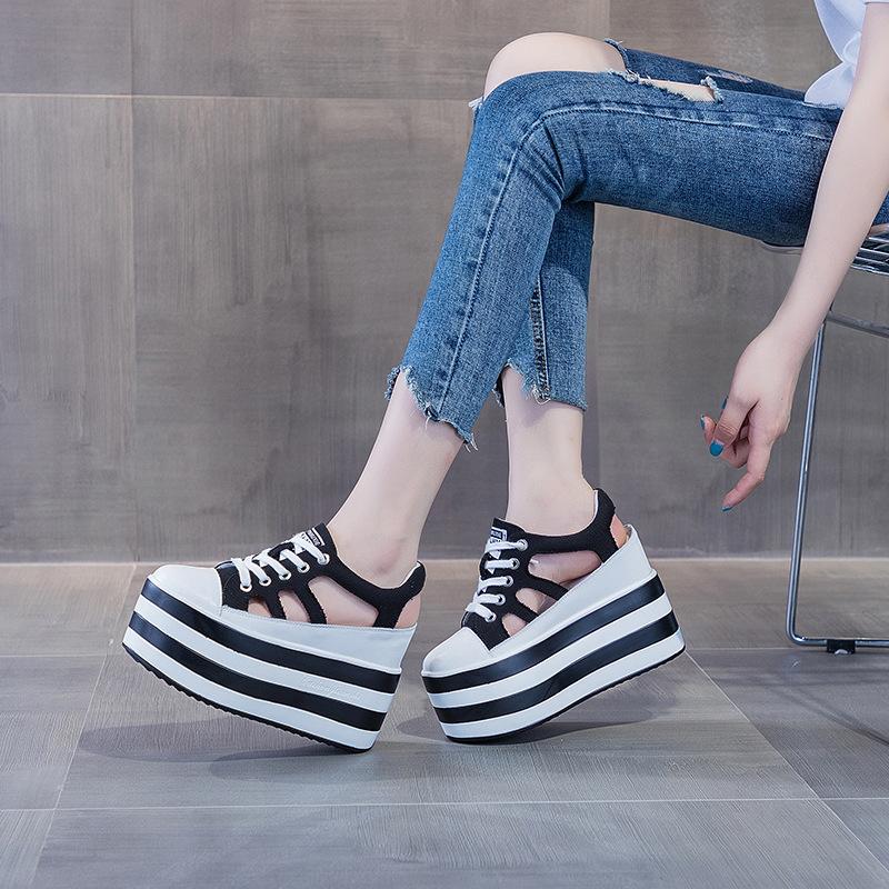 High Quality 12cm Platform Wedge Shoes Sandals for Women Sneakers Summer Shoes Hollow Cut Summer Sneakers Genuine Leather 2025