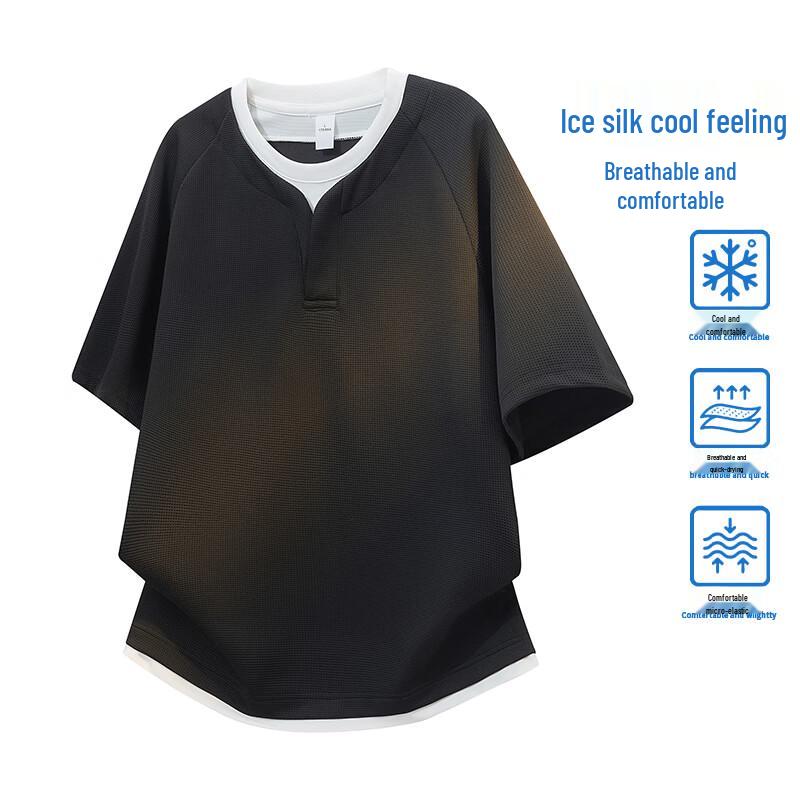 VUUG Men s Ice Silk Quick-Dry Henley Faux Two-Piece Short Sleeve T-Shirt L
