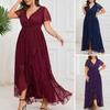 Plus Size Women Evening Dress V Neck Lace Short Sleeves High Waist Ankle Length Maxi Dress Solid Color Irregular Hem Lady Dress Up Clothes