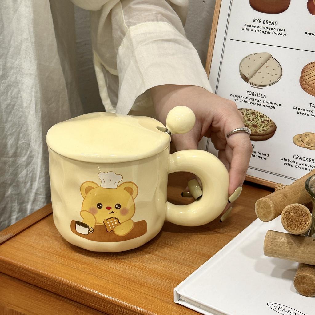 Mugg med lock och sked Söt liten björn Högvärdig vattenkopp Par Kreativ keramikmugg