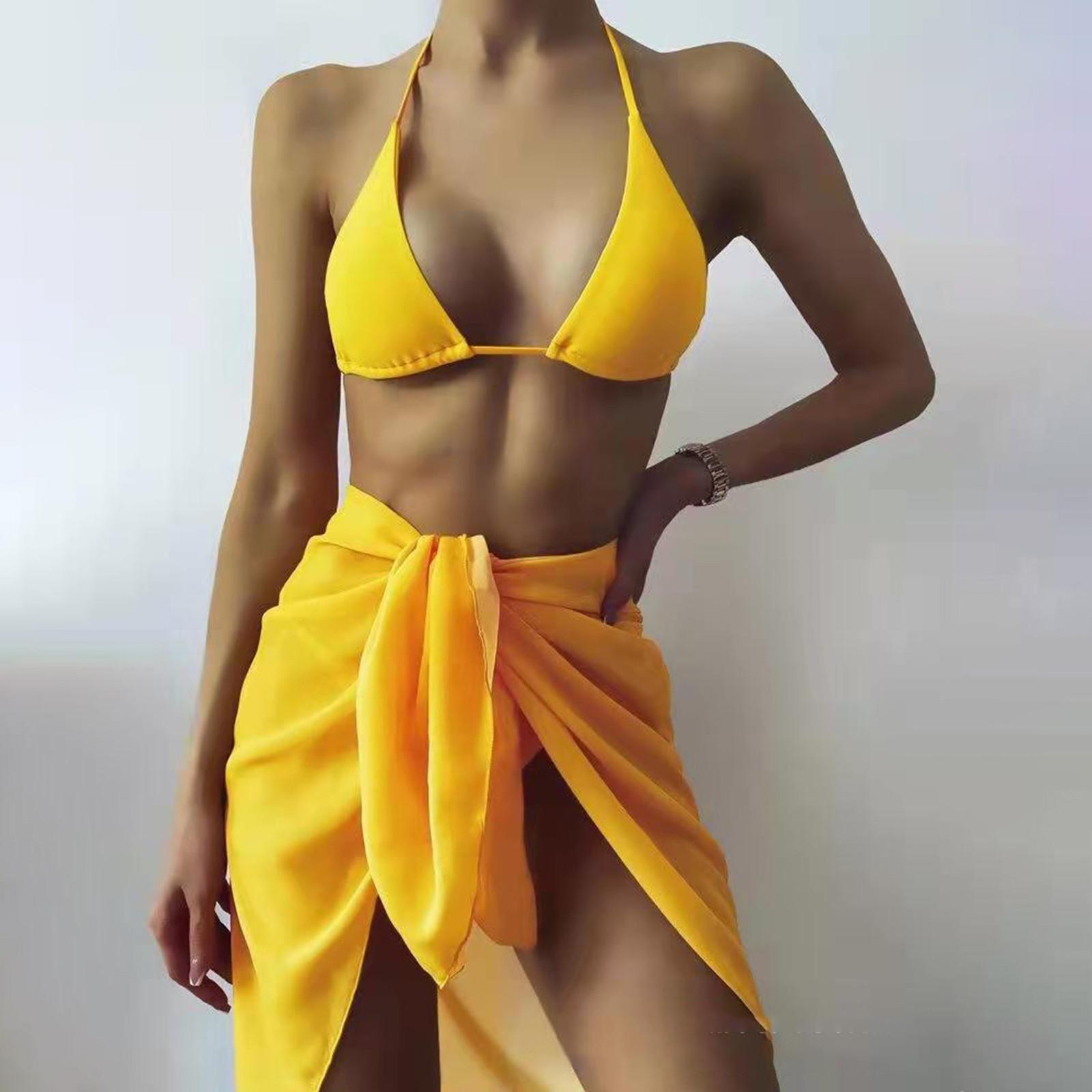 

Женская летняя мода, сексуальный однотонный купальник с открытой спиной, шнуровкой на талии, вуалью с узлом на подоле, бикини, купальник из трех частей M жёлтый