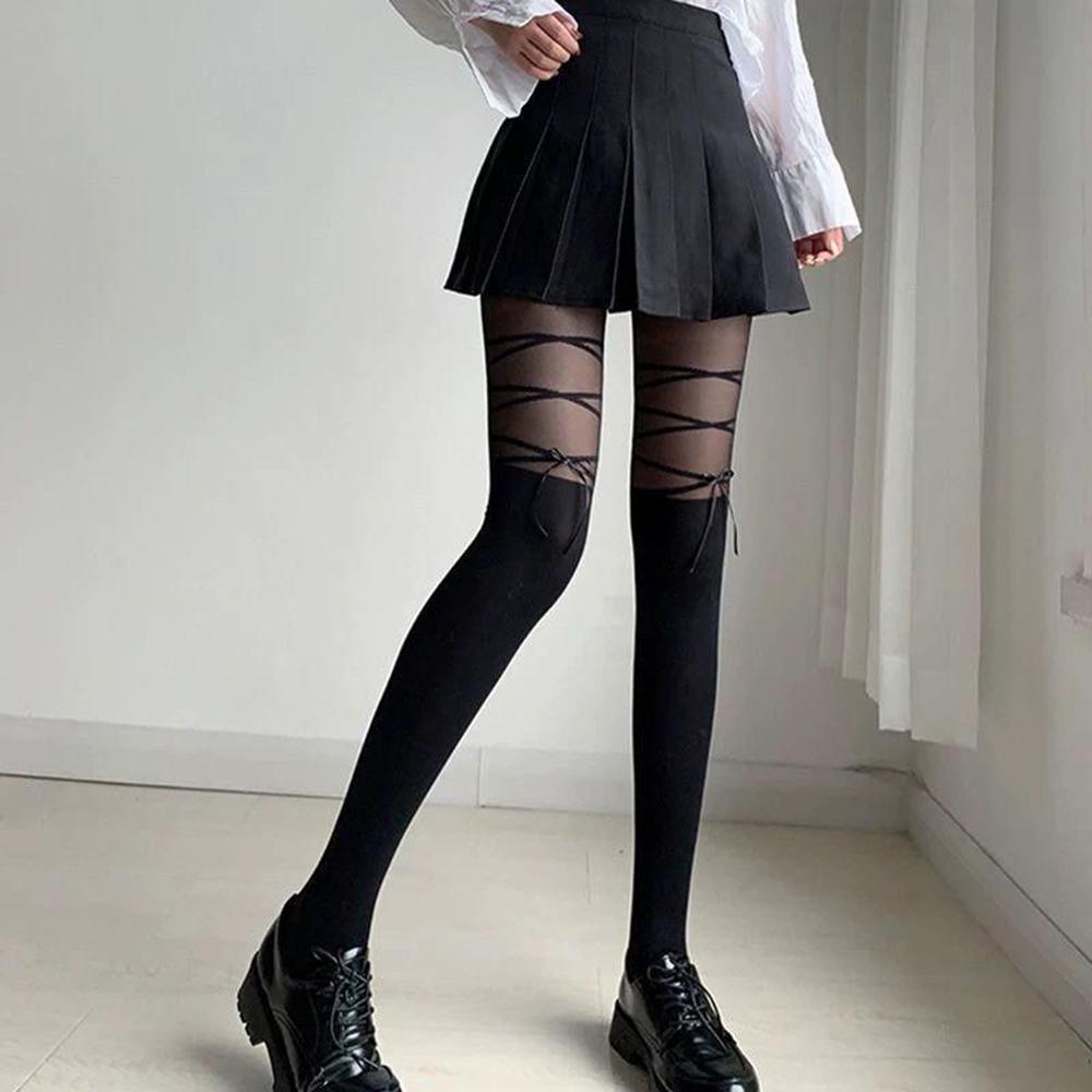 Bowknot Splicing Lower Limb Wear For Ladies Onyx Authentic White Lovely Bow Pantyhose Japanese Spicy Lass Hosiery For Gathering Jk Kawaii Stockings