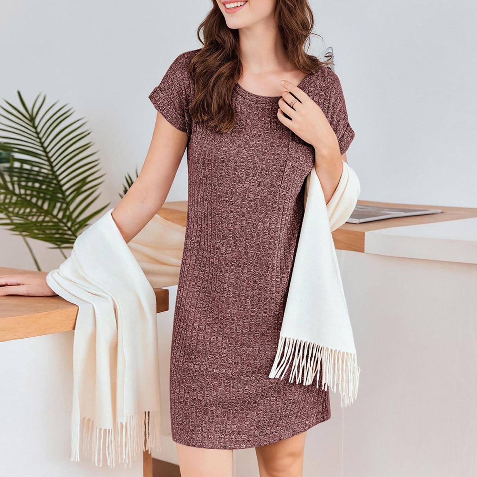 

Женская повседневная пижама в рубчик, трикотажное платье с коротким рукавом и повседневным круглым вырезом XL винный