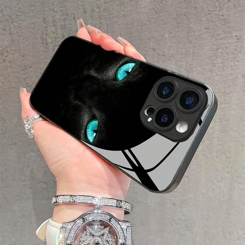 Cool Black Cat Mysterious Eyes Tempered Glass Phone Case For iPhone 17 16 15 14 13 12 11 Pro Max 17Air 16E 7 Plus XR XS X Cover