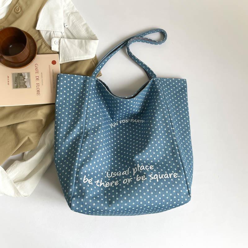 

2026 Spring Women s Large Capacity Polka Dot Canvas Tote - Korean Style Casual Shoulder Bag