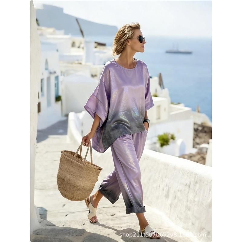 Y1 Women's Clothing, Bohemian Printed Crew Neck Medium Sleeve Set 1116 Summer Comfortable Casual Two-piece Set Europe and America