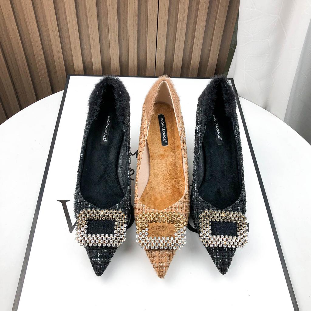 Temperament Royal Sister Qiandongge Black High Heels Fluffy Fleece Autumn and Winter Pointed Thin Heel Ladies